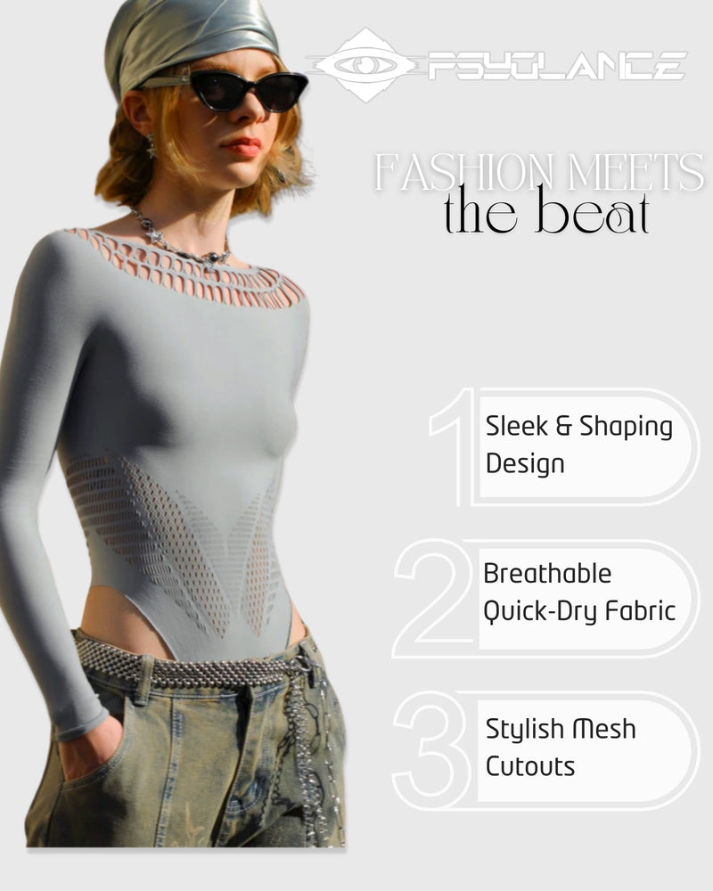 Long Sleeve Mesh Bodysuit for Women | Fishnet Sheer Shapewear - Rave Sexy Bodycon Top Light Blue