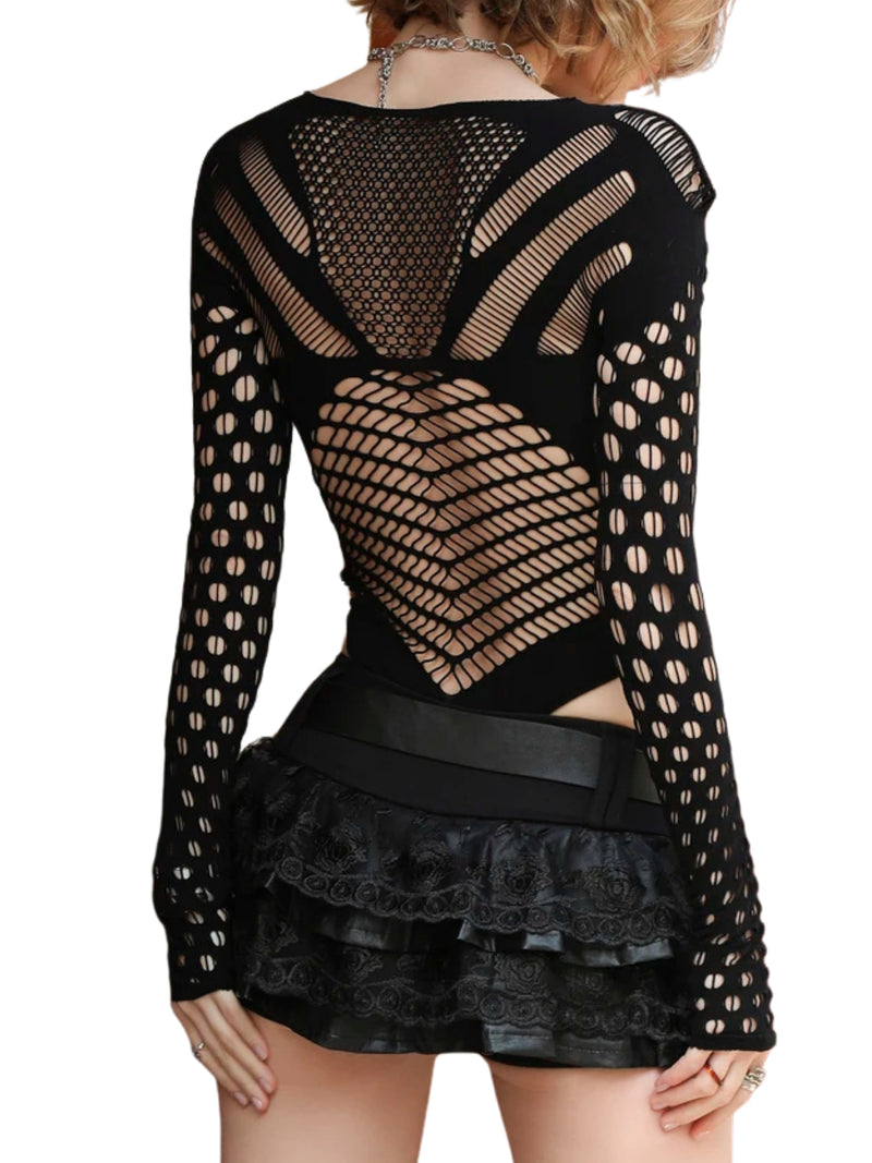 Long Sleeve Mesh Bodysuit for Women | Fishnet Sheer Shapewear - Rave Sexy Bodycon Top