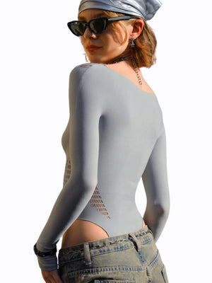 Long Sleeve Mesh Bodysuit for Women | Fishnet Sheer Shapewear - Rave Sexy Bodycon Top Light Blue