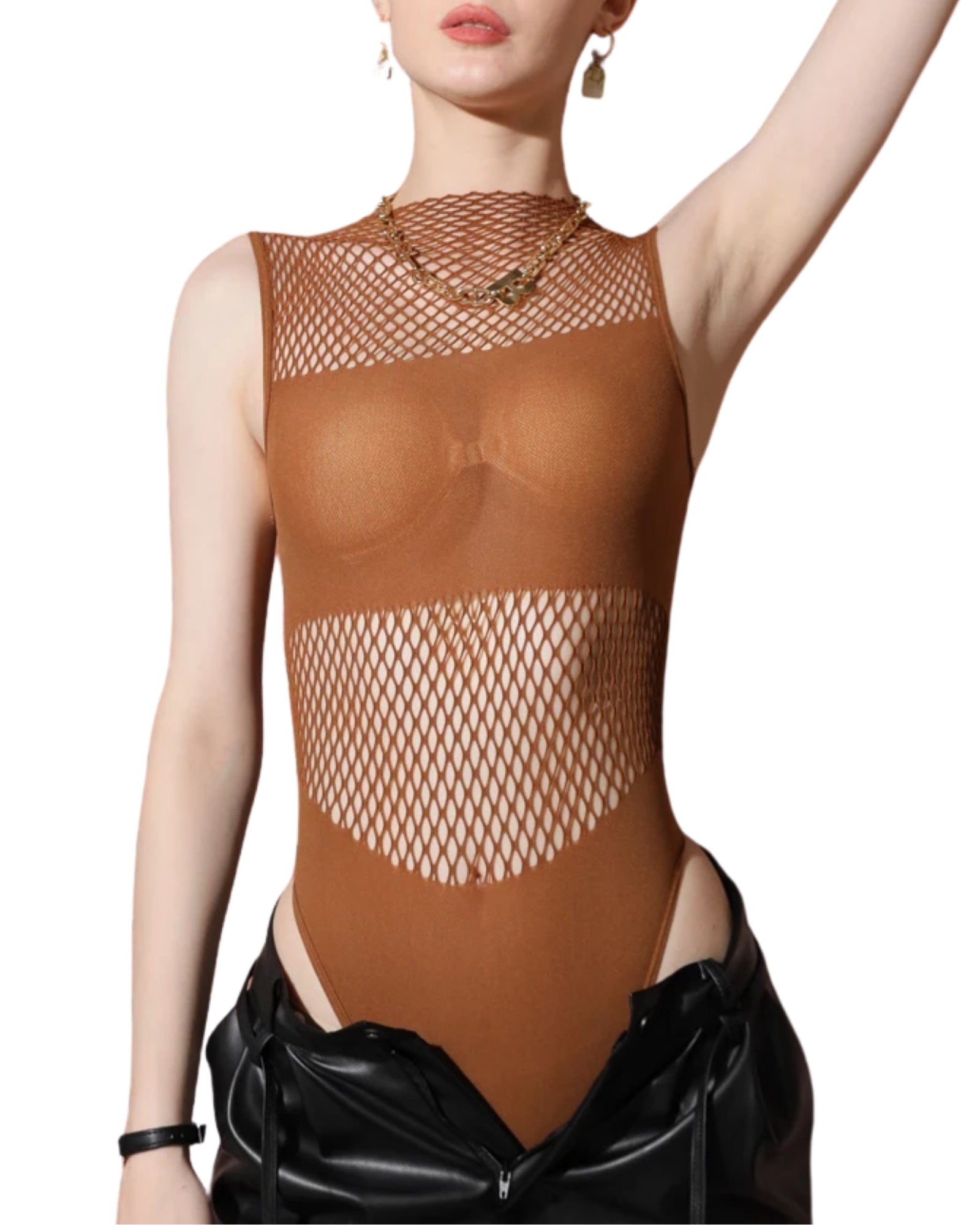 Mesh Seamless Bodysuit for Women | Sexy Crop Lingerie Top - Brown