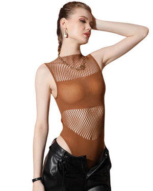 Mesh Seamless Bodysuit for Women | Sexy Crop Lingerie Top - Brown