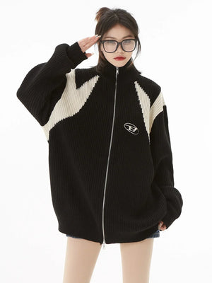 ZIP UP 702 Knitted Cardigan Oversized Retro HipHop Patchwork